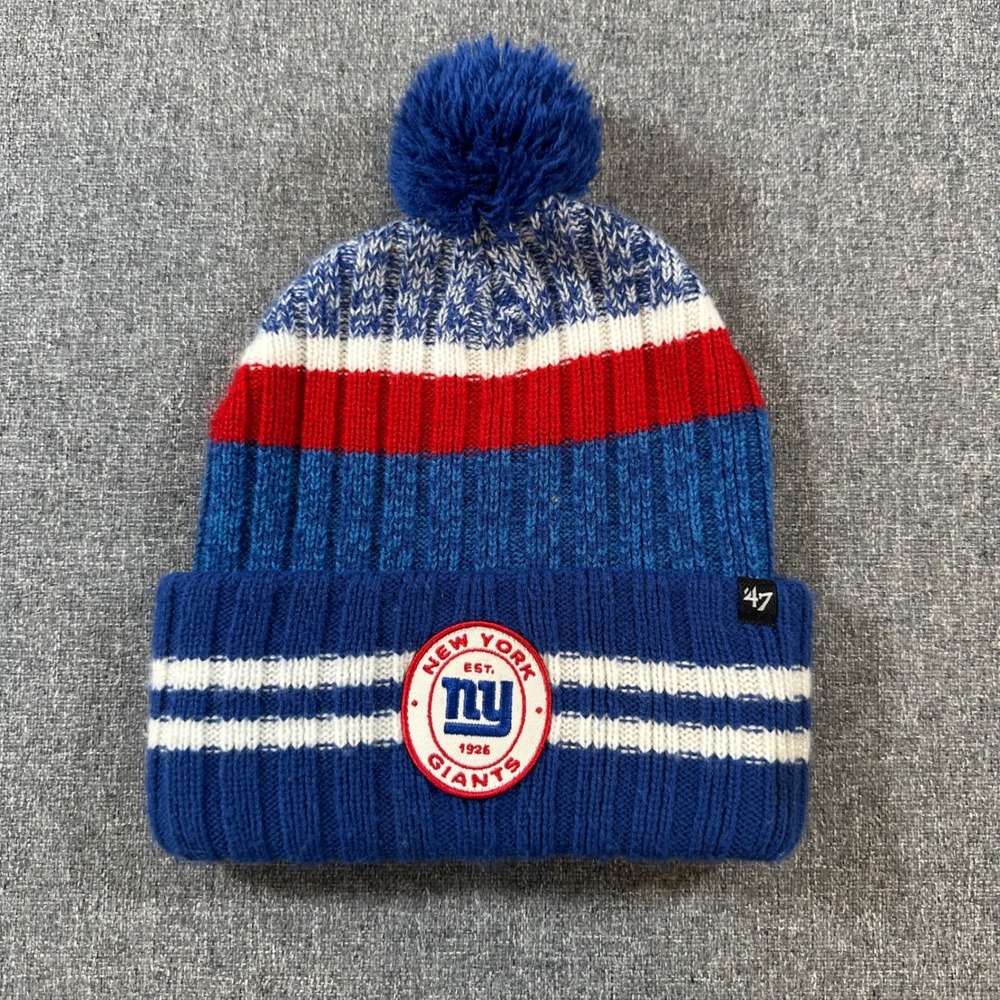 47 Brand New York Giants Beanie Hat NFL Knit Pom Cuffed Blue Red White‎ OSFA